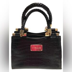 Bebe Los Angeles Black Faux Crocodile Handbag Embossed Satchel Gold‎ Details.